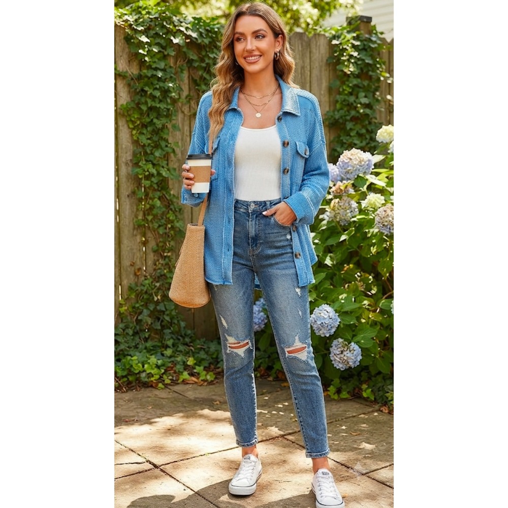 Zenana Blue Waffle Knit Shacket Mineral Wash Button Down Shirt Jacket L/XL